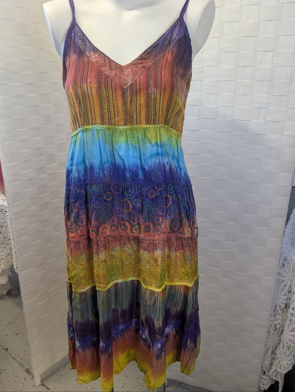 VIntage Bohemian Brightly Color Tie-Dye Spaghetti Strap Midi Dress